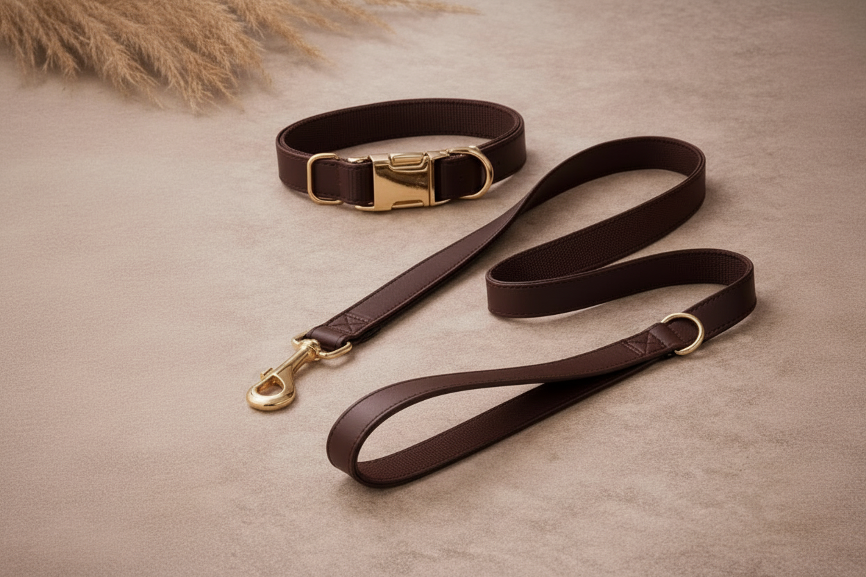 Wide horizontal dog collar and leash set